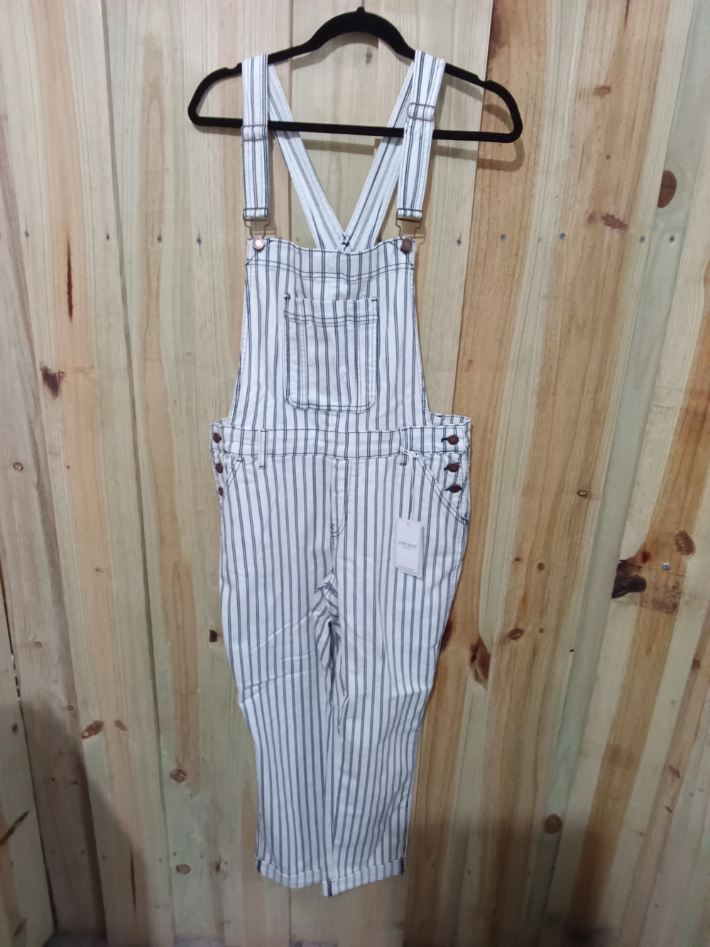 Judy Blue White Striped Overalls with Navy Pinstripes. NWT
